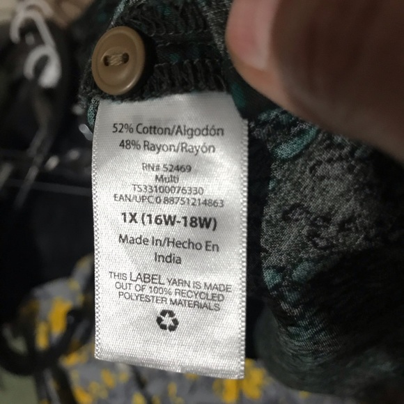 Women 16W-18W 1X Ruffle Top Botany Green Floral Terra & Sky 52 cotton 48 rayon - Picture 5 of 10